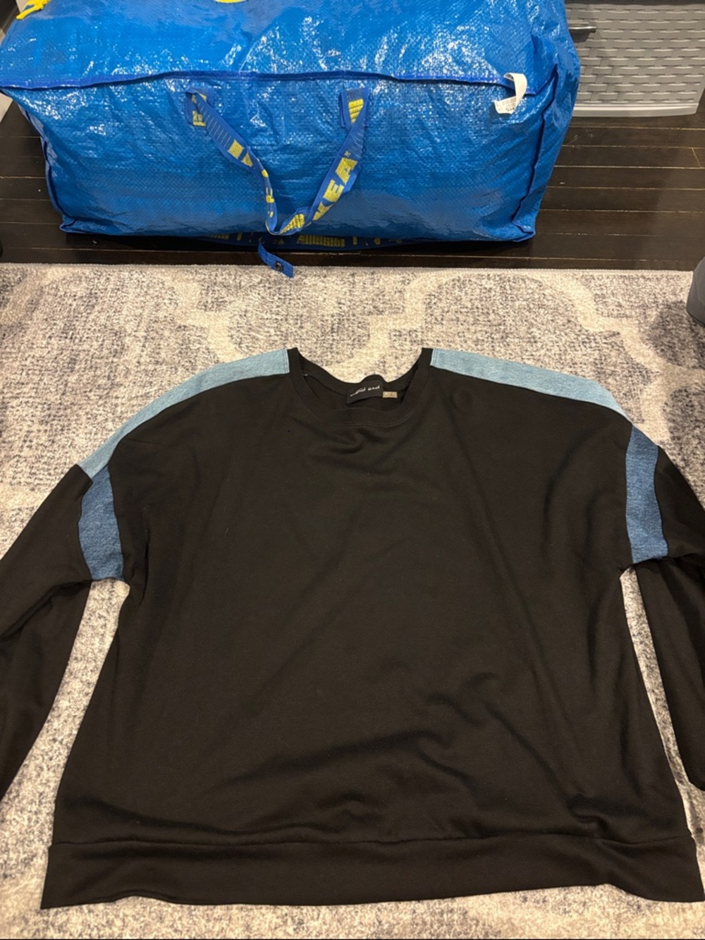 Mustard Seed Black Sweatshirt Top with Denim-Style Blue Panels